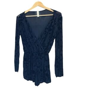 Peppermint. Navy Blue Velvet Burnout Romper. Size Small.